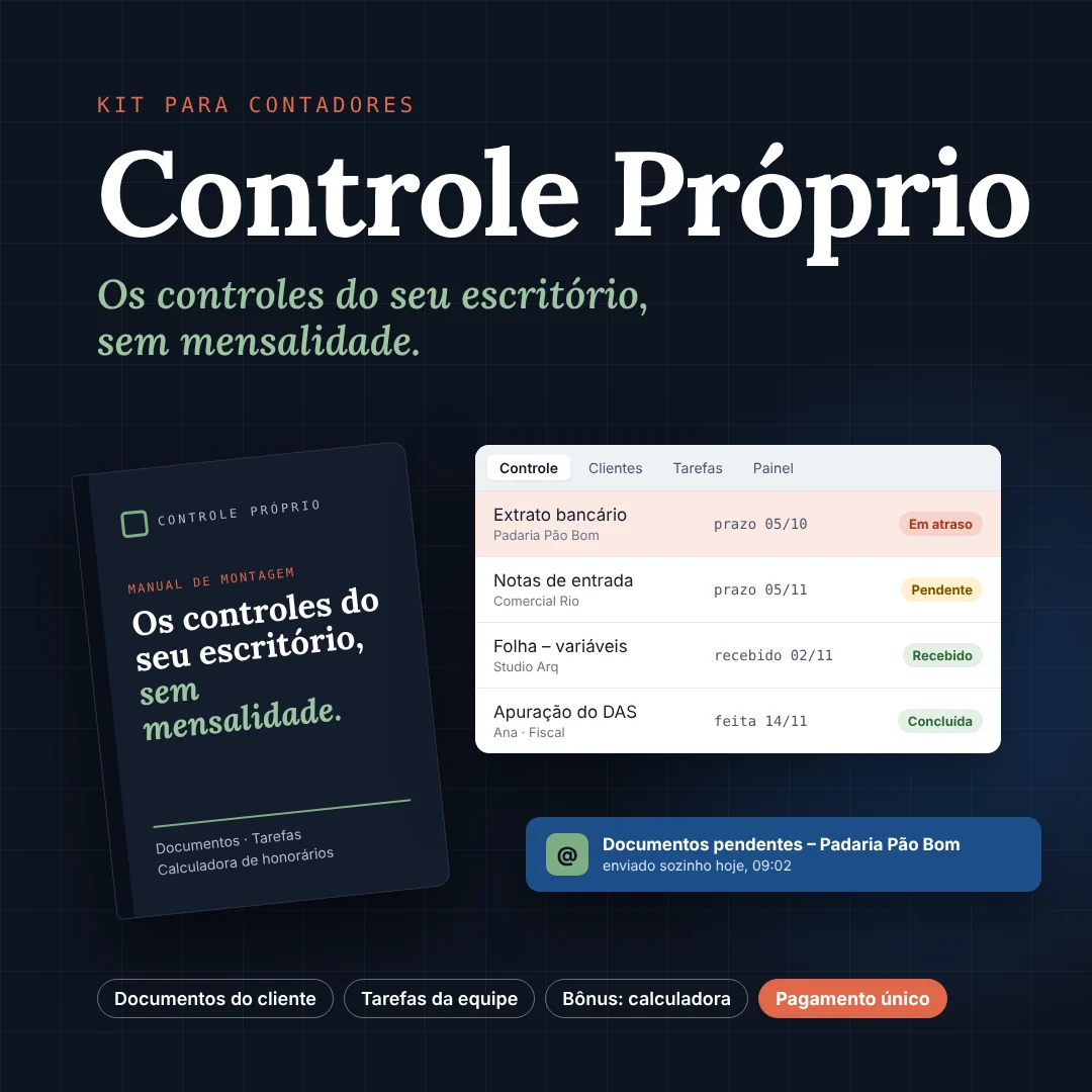 Kit Controle Próprio: manual de montagem, planilha de controle de documentos com pendências e o e-mail de cobrança enviado sozinho ao cliente